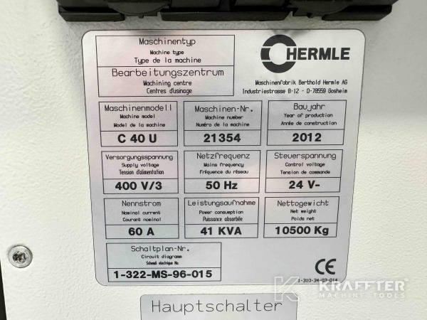 Name plate of Hermle C40U dynamic (93) CNC Vertical Machining Center